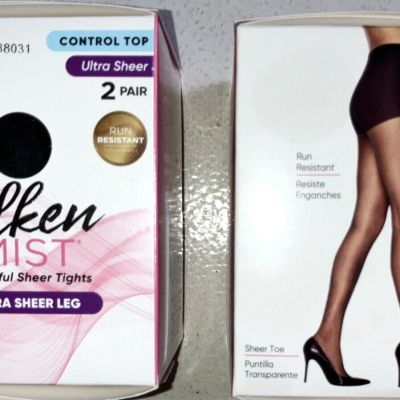 2 PAIR L'EGGS SILKEN MIST - CONTROL TOP - ULTRA SHEER TIGHTS - Sz Q+ - JET BLACK